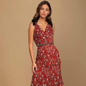 NWT Lulus Such Sophistication Rust Red Floral Print Pleated Maxi Dress